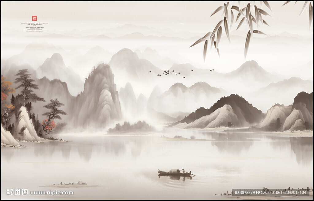 新中式意境水墨画山水背景墙