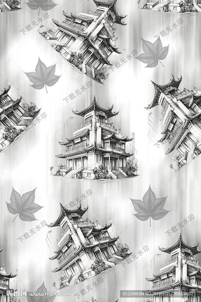 手绘中式建筑枫叶印花