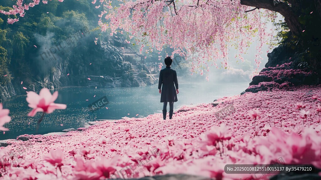 桃花树下的女人