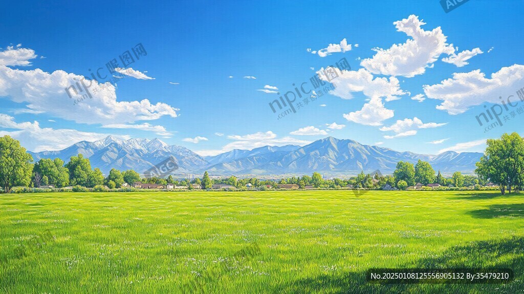蓝天白云山脉草地背景
