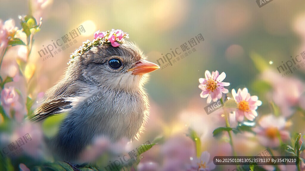 草地鲜花小鸟动物