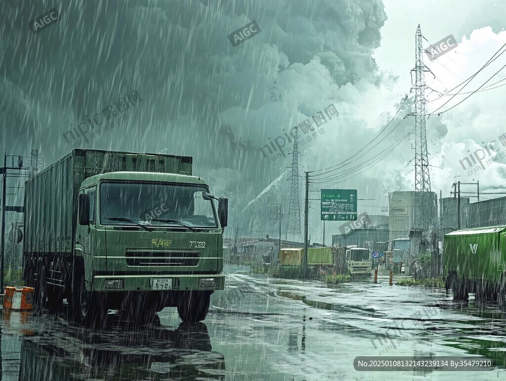 一辆卡车通过积水路