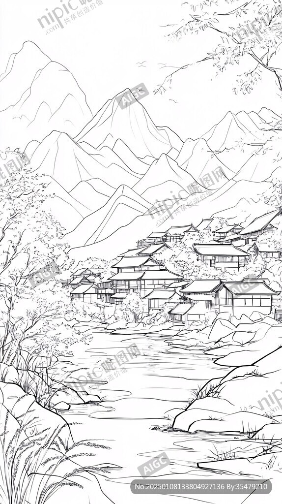 桃花源古镇线稿