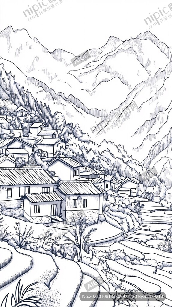 线描乡村场景