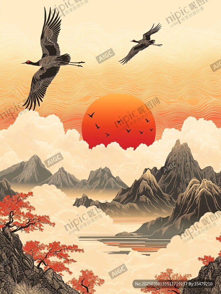 旭日东升仙鹤插画