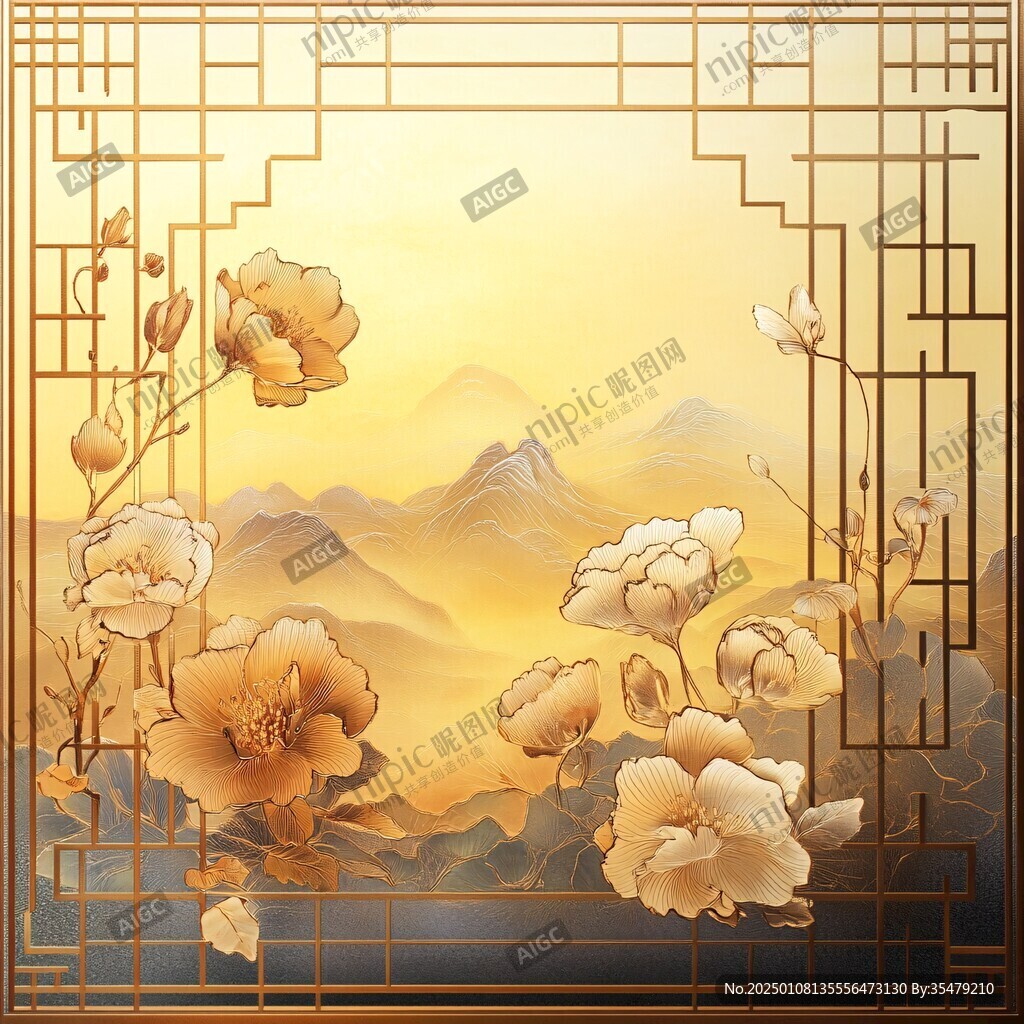 轻奢金色牡丹花线条