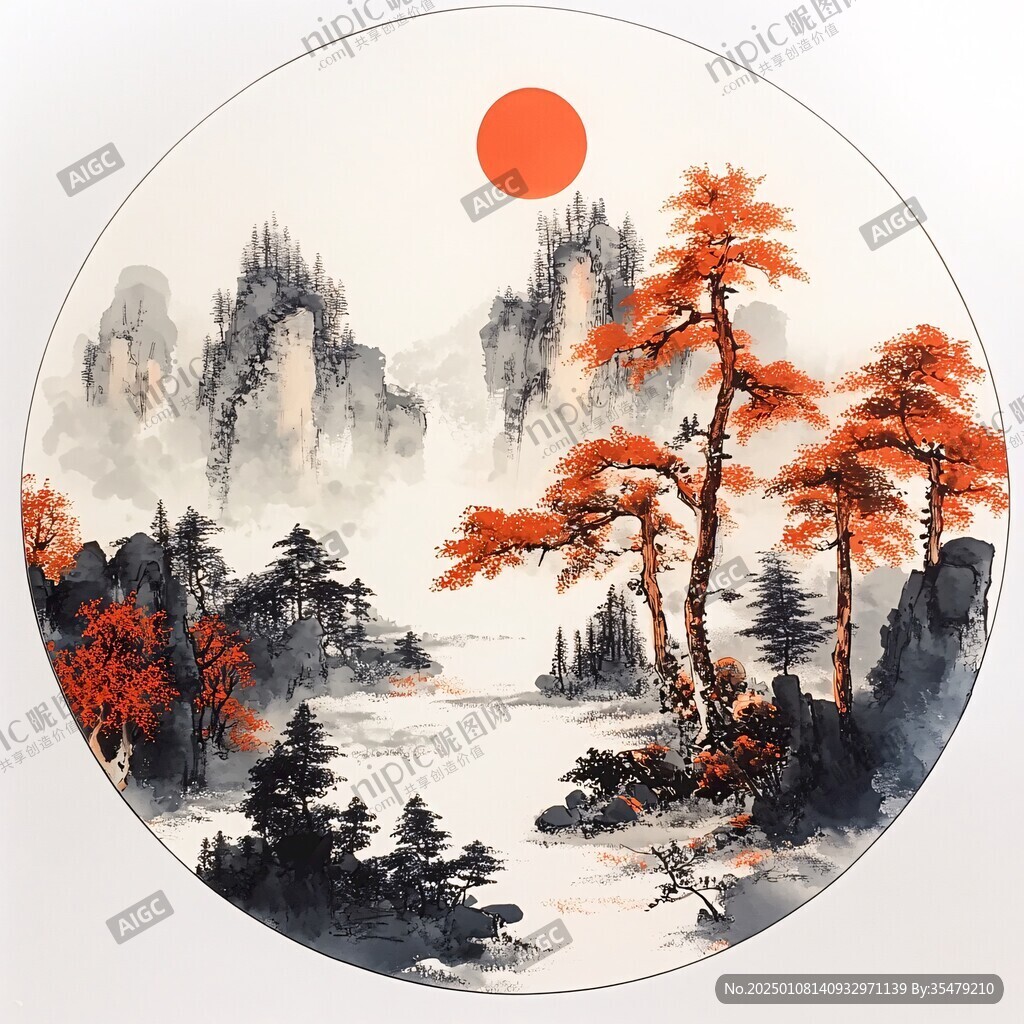 圆形手绘山水画