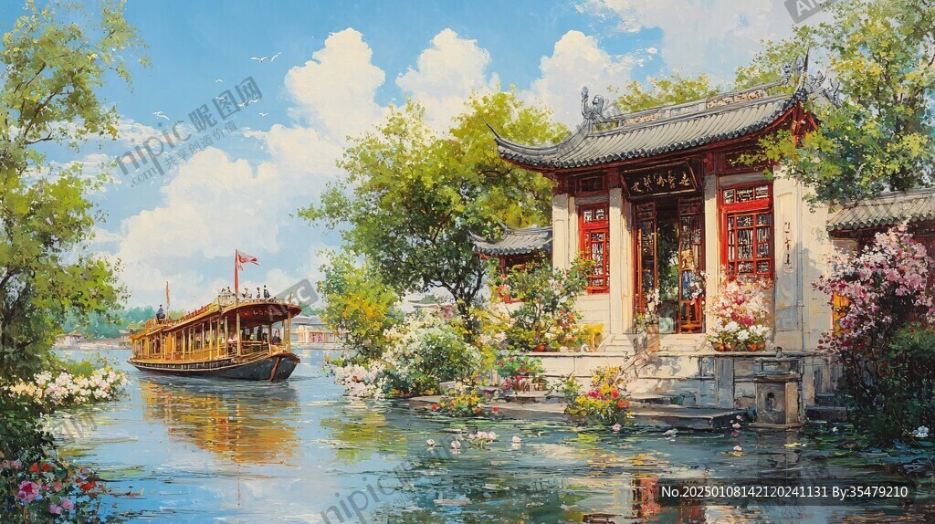 古风亭台楼阁油画