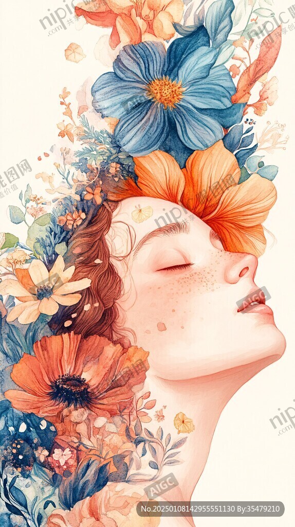 手绘抽象女人花草插画