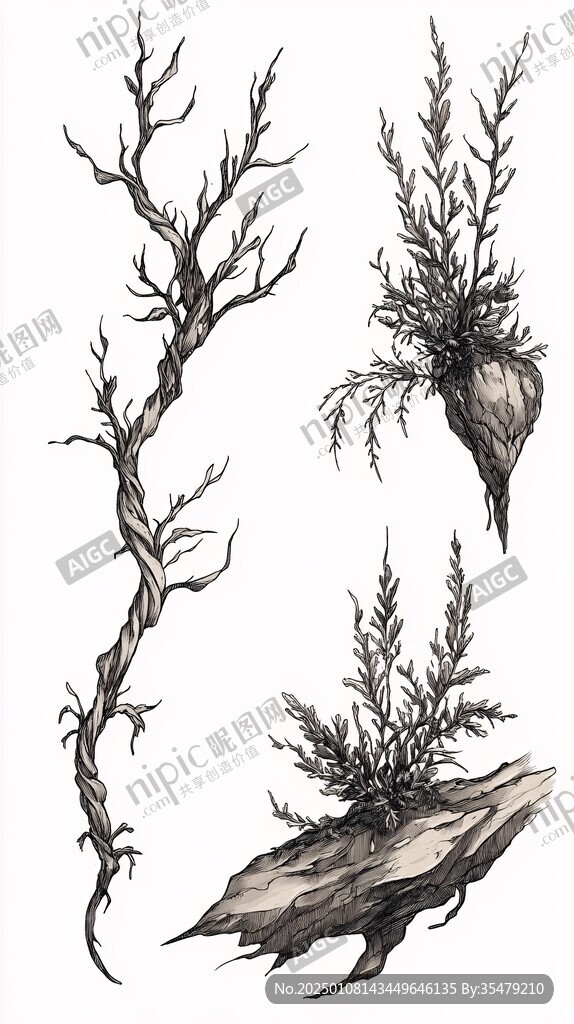 中药插画柏树