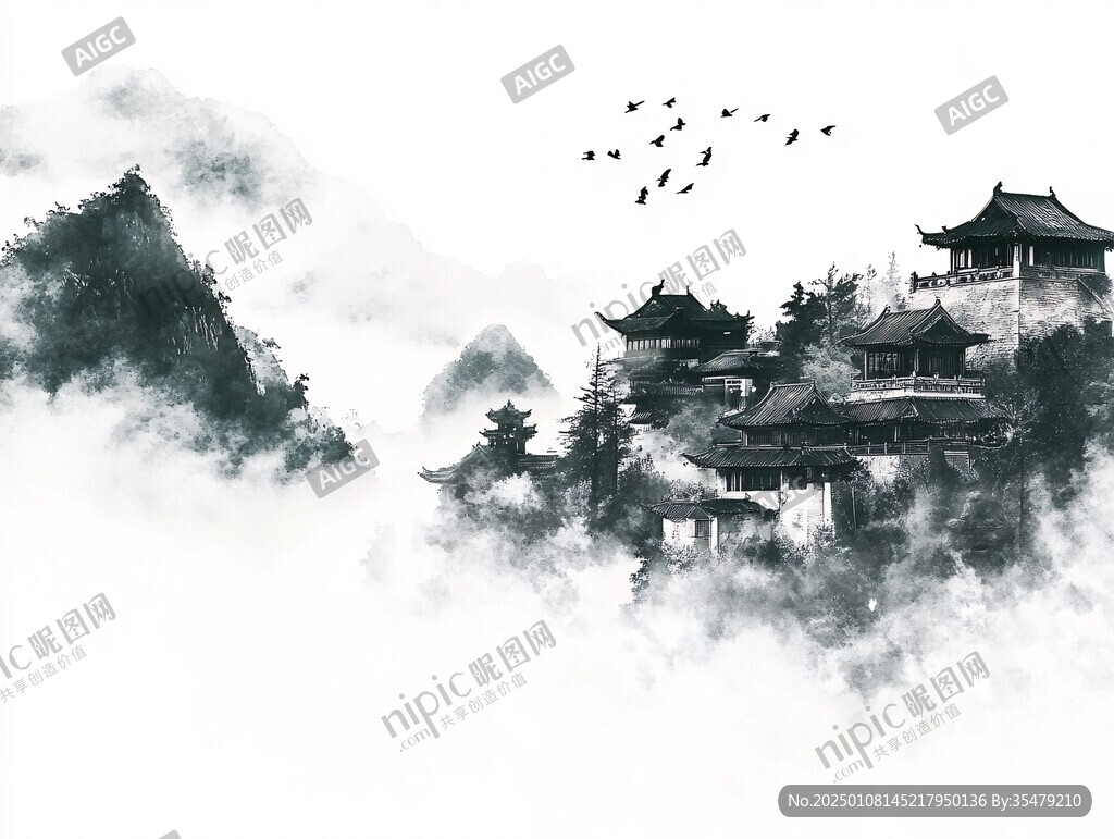 仙鹤楼阁古风山水画