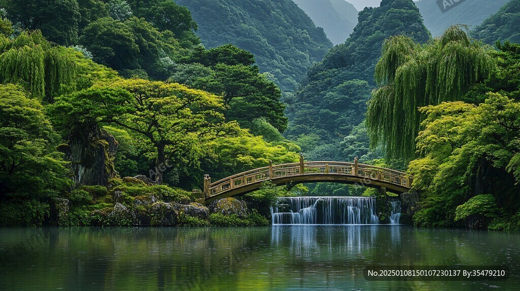 风景小桥瀑布绿树远山