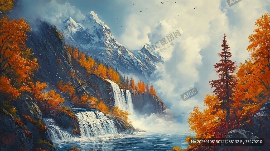 山水风景油画瀑布