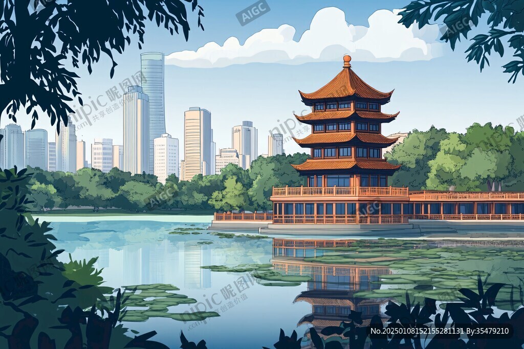 华中地区城市建筑插画