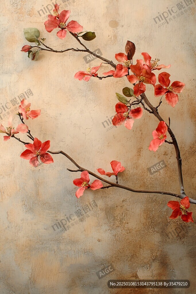 工笔手绘红墙梅花