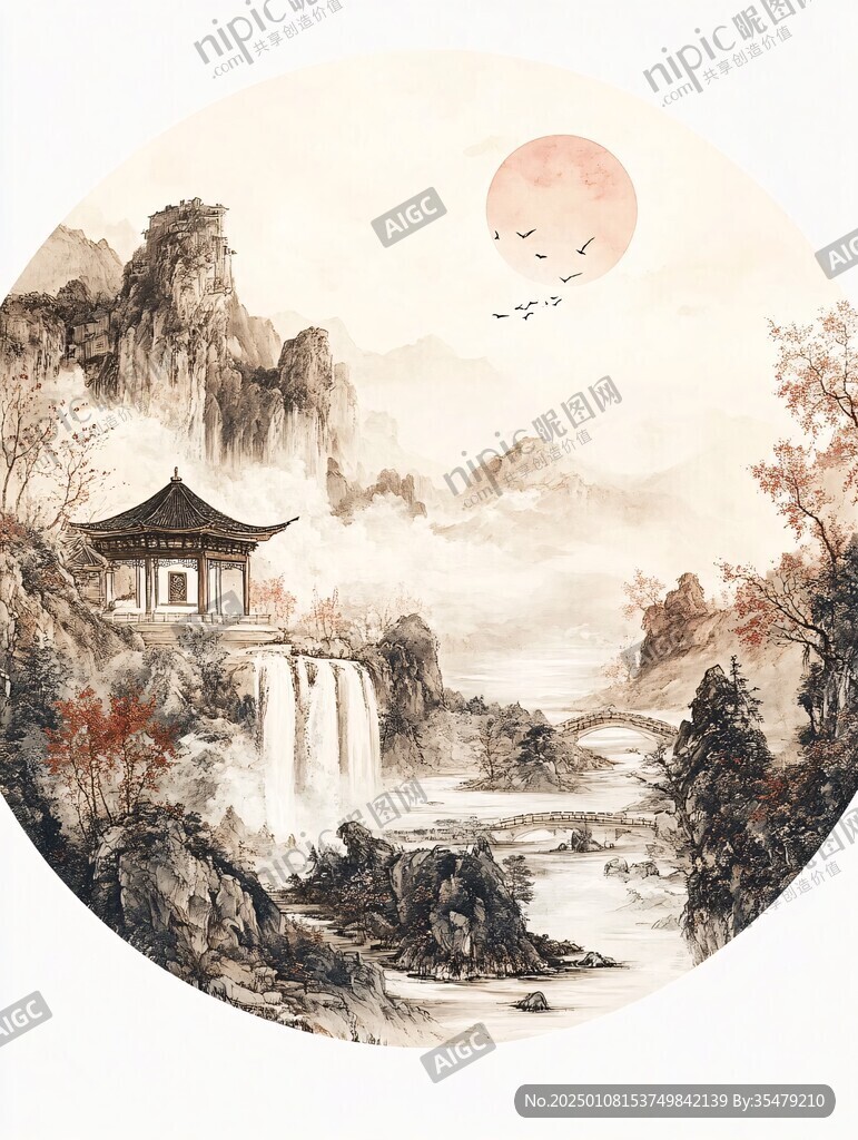 旭日东升楼阁山水画