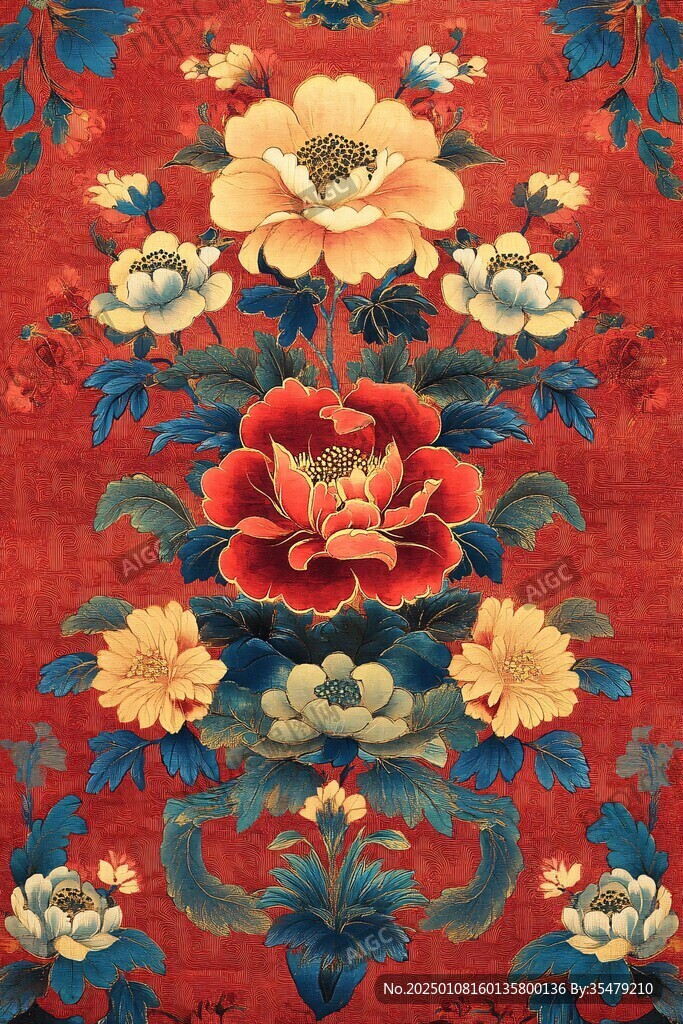 红色缎绣凤戏牡丹纹