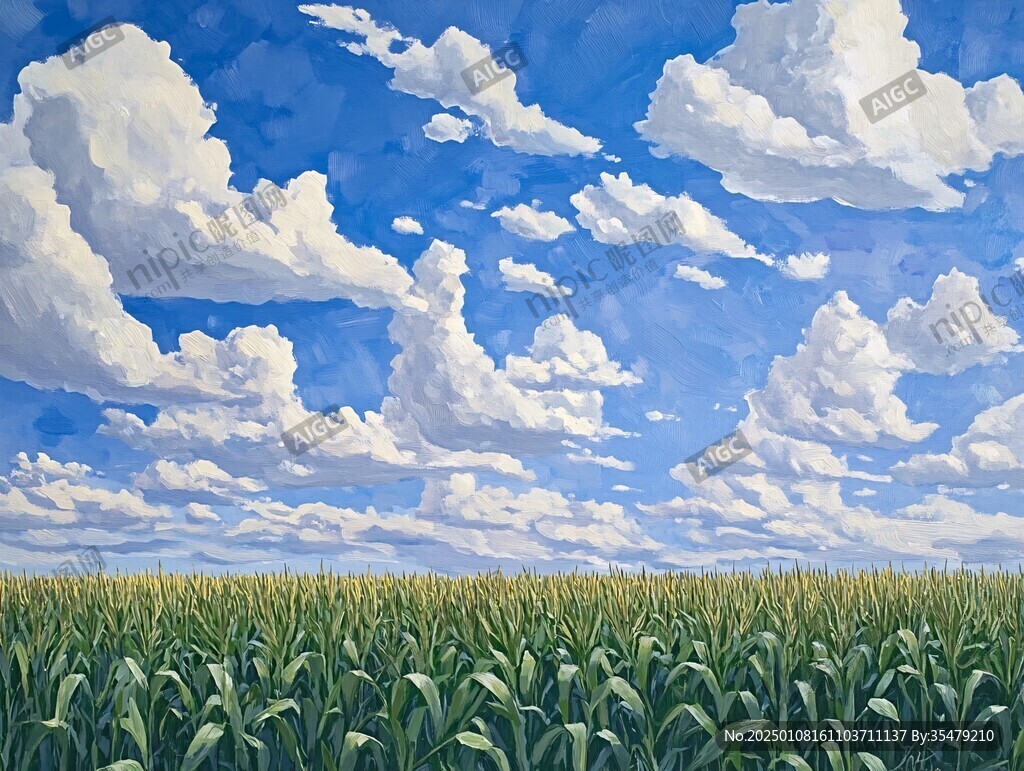 蓝天白云绿草油画