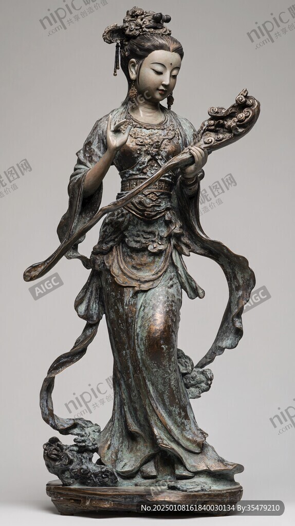 木雕彩绘龙女立像