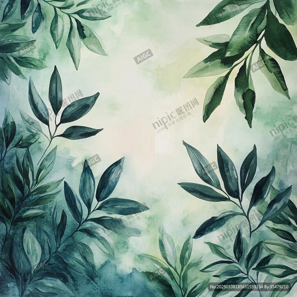 绿色树叶水彩背景