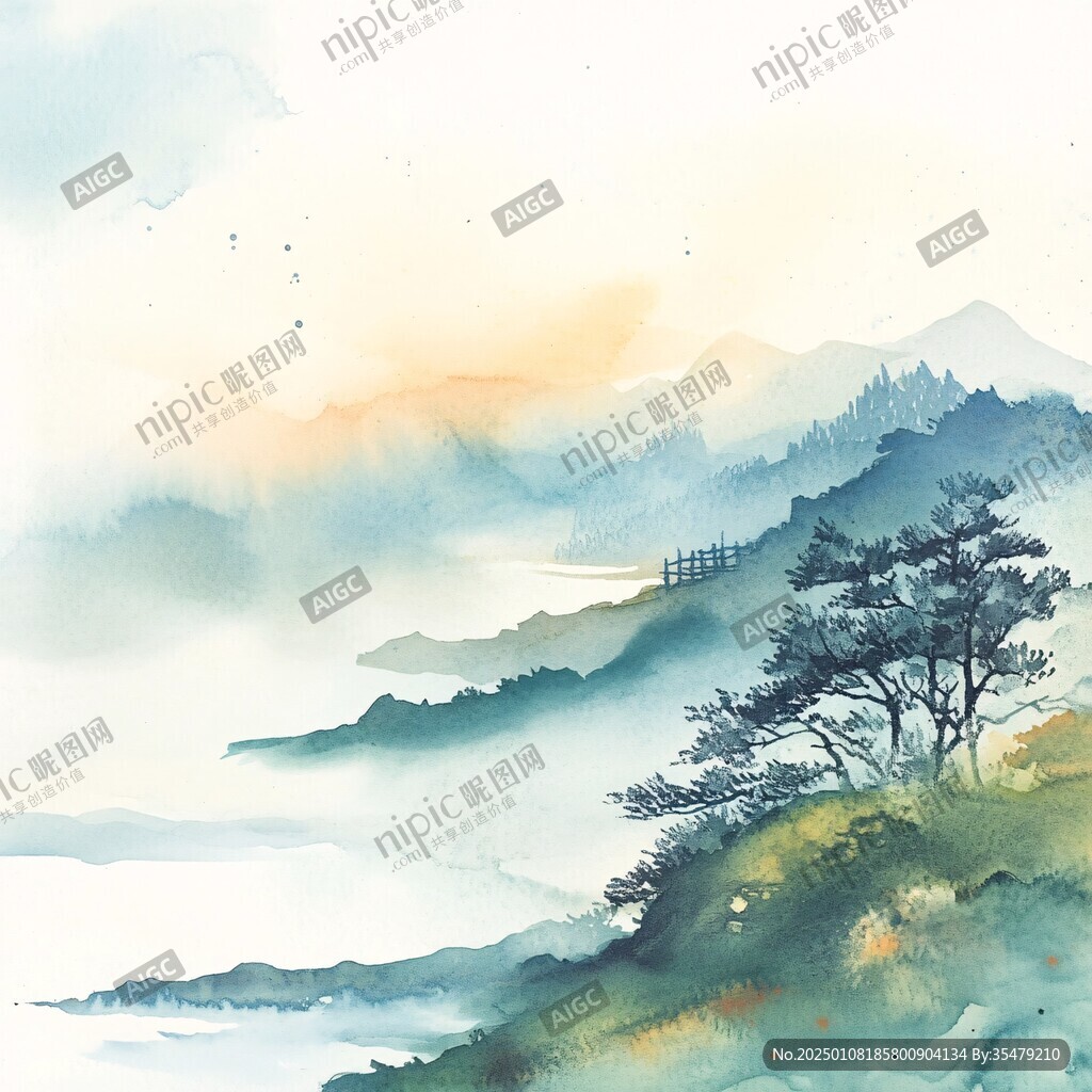 山水风光禅意水彩画