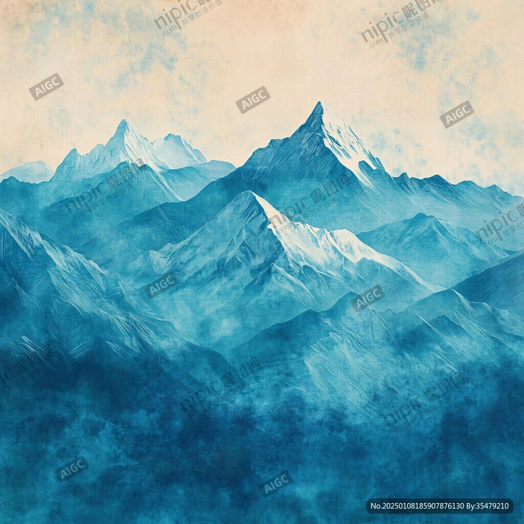 水彩画山峰高山远山