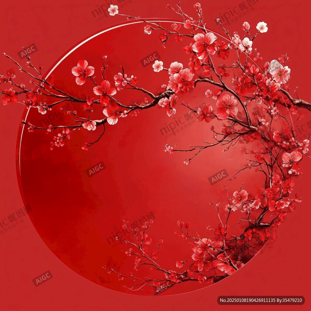 手绘红底梅花