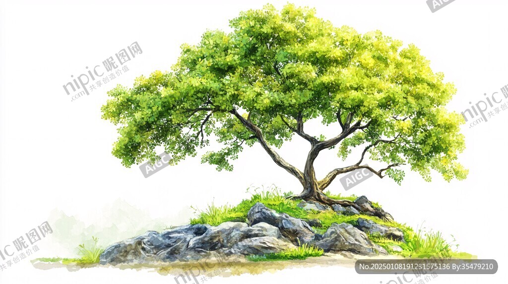 手绘古树假山