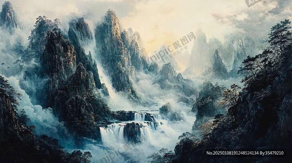山水风景油画瀑布