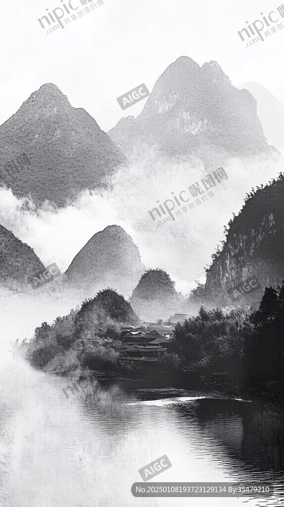 墨韵禅意山峰云雾风景