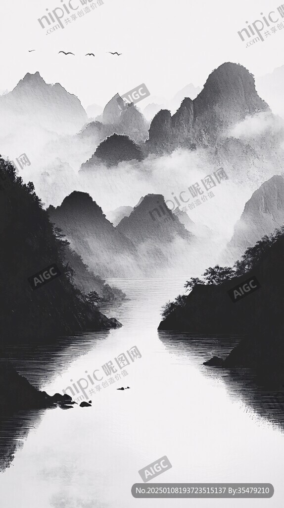 水墨山水倒影禅境