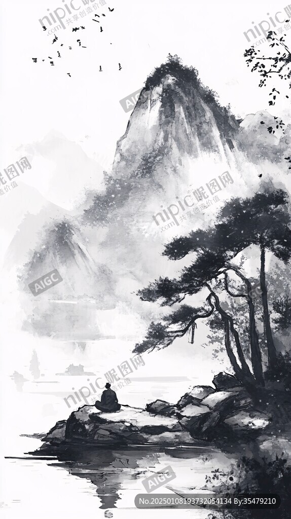 山水风光禅意水彩画