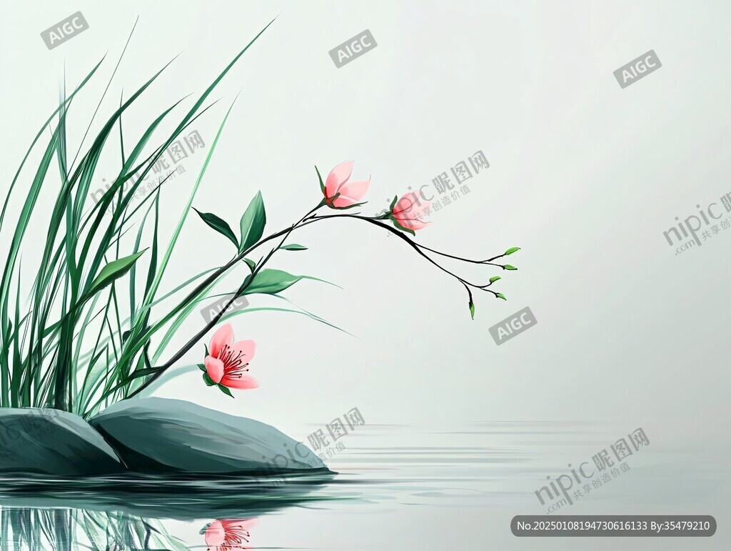 禅意山水手绘花卉