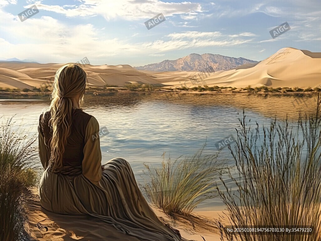 坐在江边看风景美女