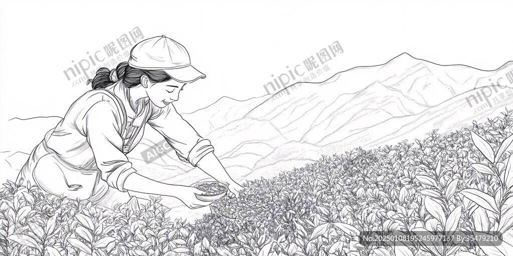 采茶女线描插画