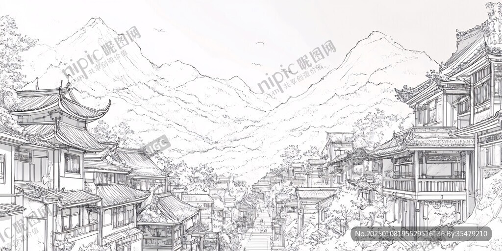 古城全景线描