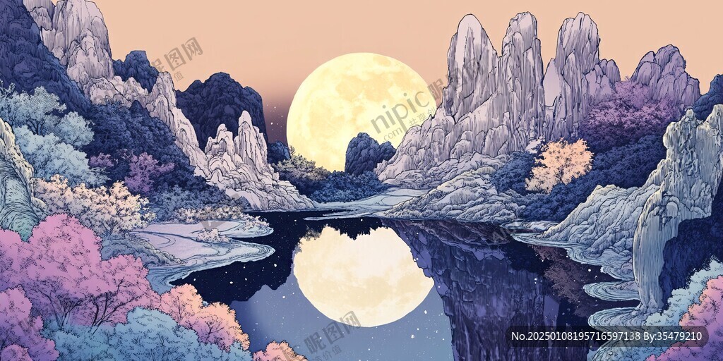 虎溪夜月景点插画