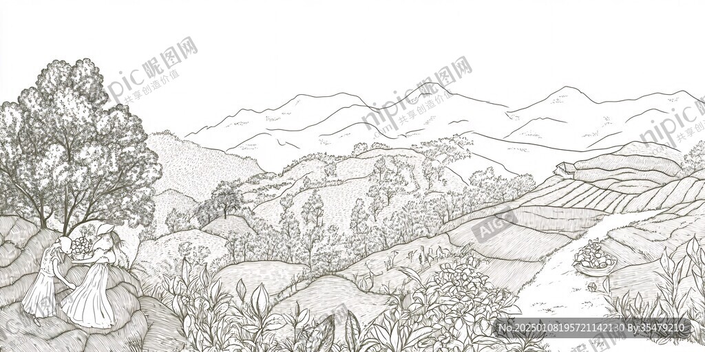 包装插画手绘茶山