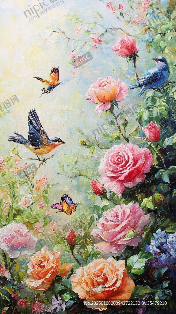 梦幻花鸟油画
