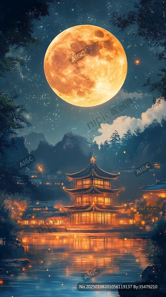 虎溪夜月景点插画