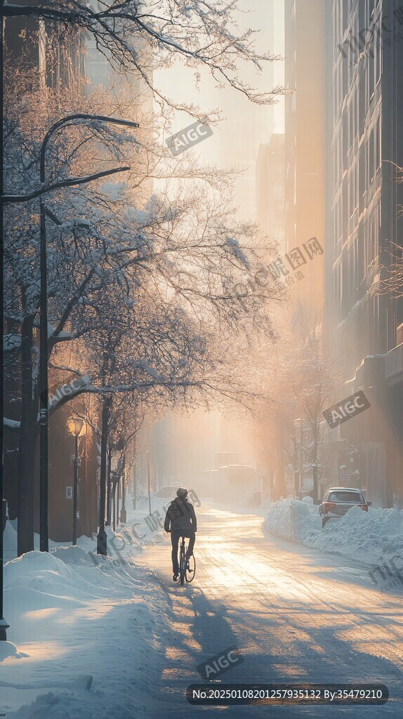 城市逆光雪景