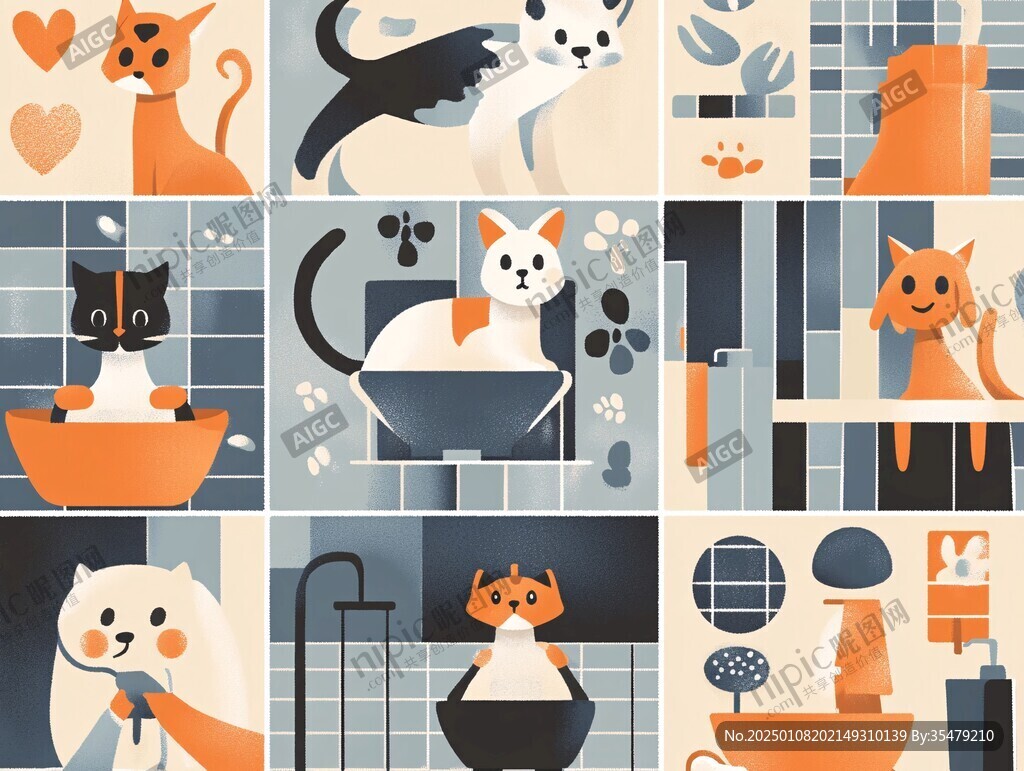 泳池小猫原创插画图案