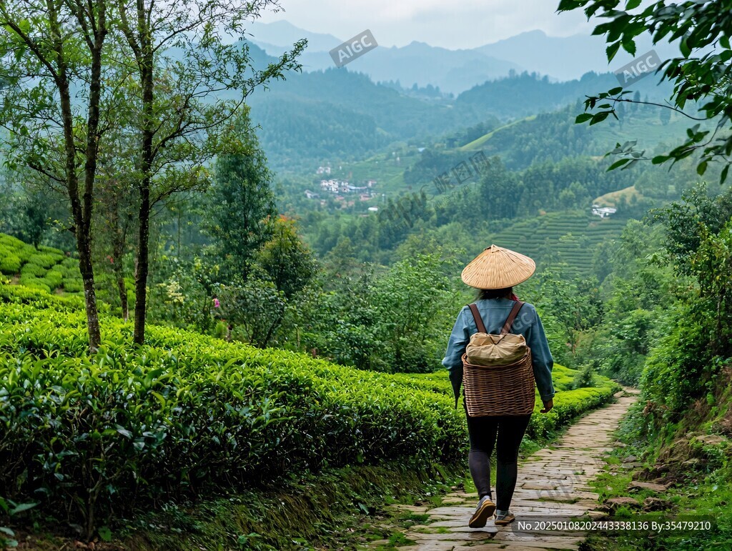 美女走在茶园小道上