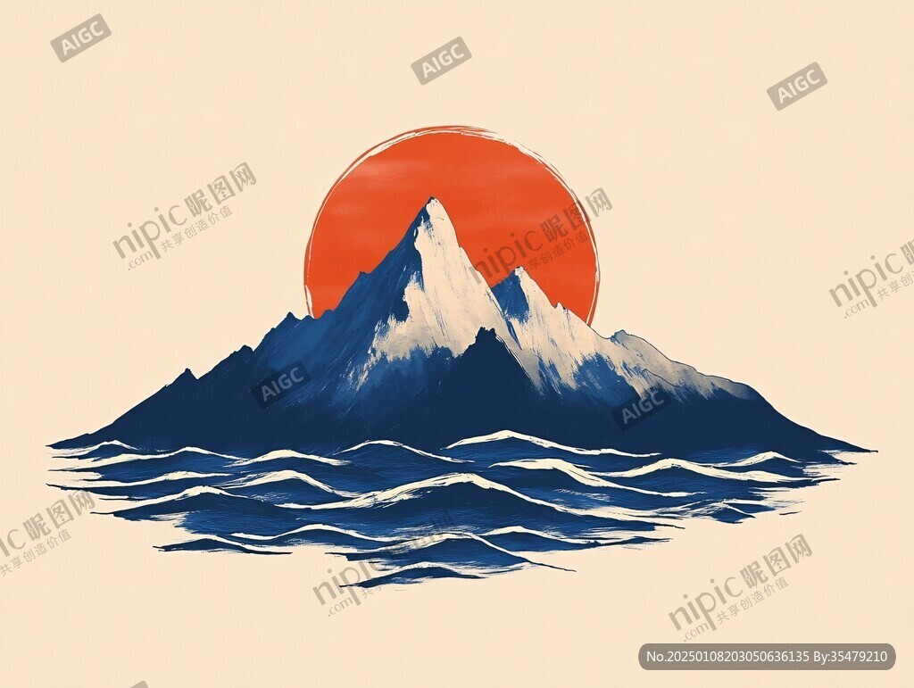 手绘海浪旭日东升