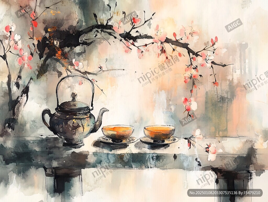 茶水墨画茶水彩画
