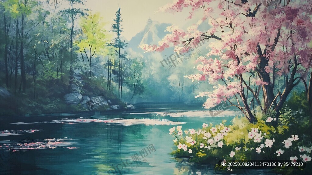 桃花风景油画
