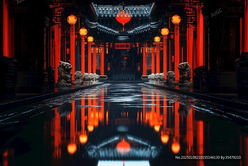 传统建筑走廊夜景