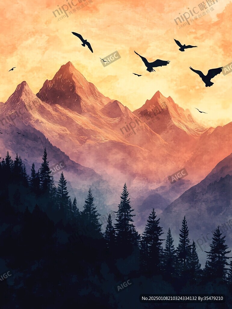 黄昏远山插画