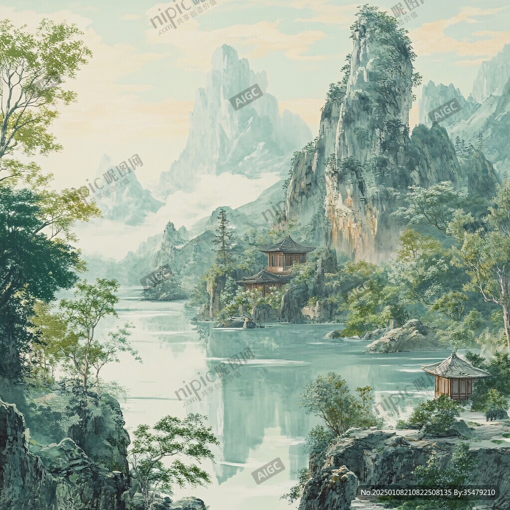 古风亭台楼阁油画