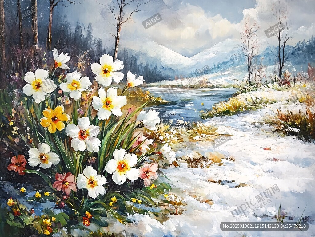 冬季雪景风景油画